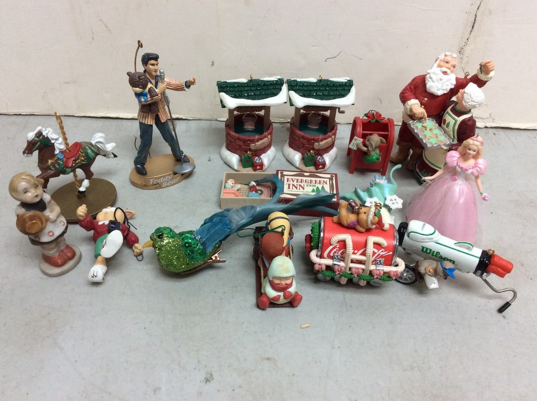 Vintage Christmas Ornaments (Elvis Presley, Coca-Cola, Barbie and more) Tallest - 4.75in): Vintage Christmas Ornaments (Elvis Presley, Coca-Cola, Barbie and more) Tallest - 4.75in)