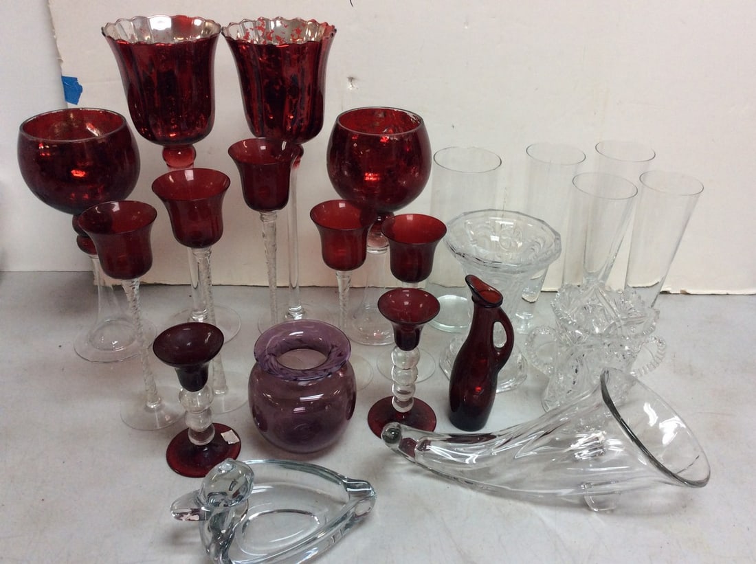 Decorative glass candleholders, drinking glasses(various sizes-tallest 15.75in.), vases, and more (1 of 1)