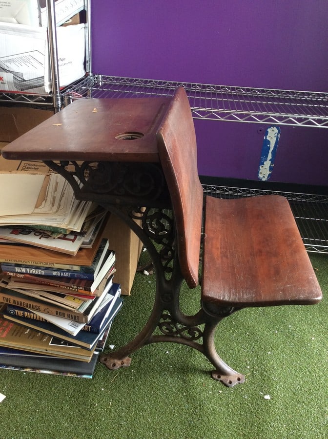 Antique Wooden Student Desk wrought iron base/ink well (24.5in.x19in.x24in.): Antique Wooden Student Desk wrought iron base/ink well(24.5in.x19in.x24in.)