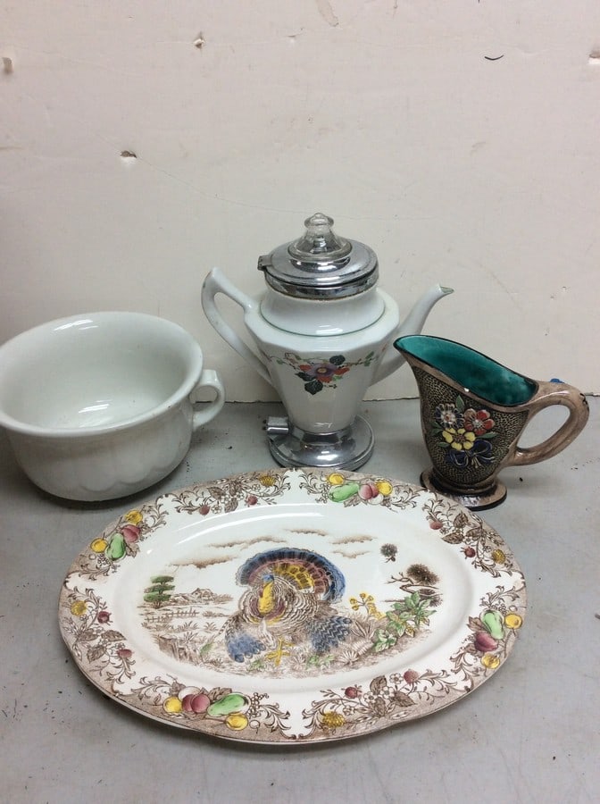 Vintage Staffordshire Turkey Platter, Antique semi-porcelain Chamber Pot,Libertas, Rossini 16”: Vintage Staffordshire Turkey Platter,Antique semi-porcelain Chamber Pot, Libertas, Rossini 16”h,Royal Rochester 11.5”h PITCHERS