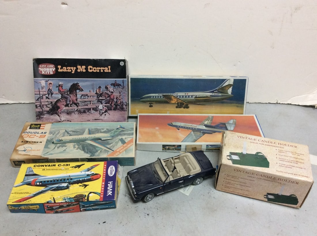 Vintage candleholder and vintage models(Lazy M Corral Life-Like Hobby kit, Revell Douglas DC-9 (1 of 1)