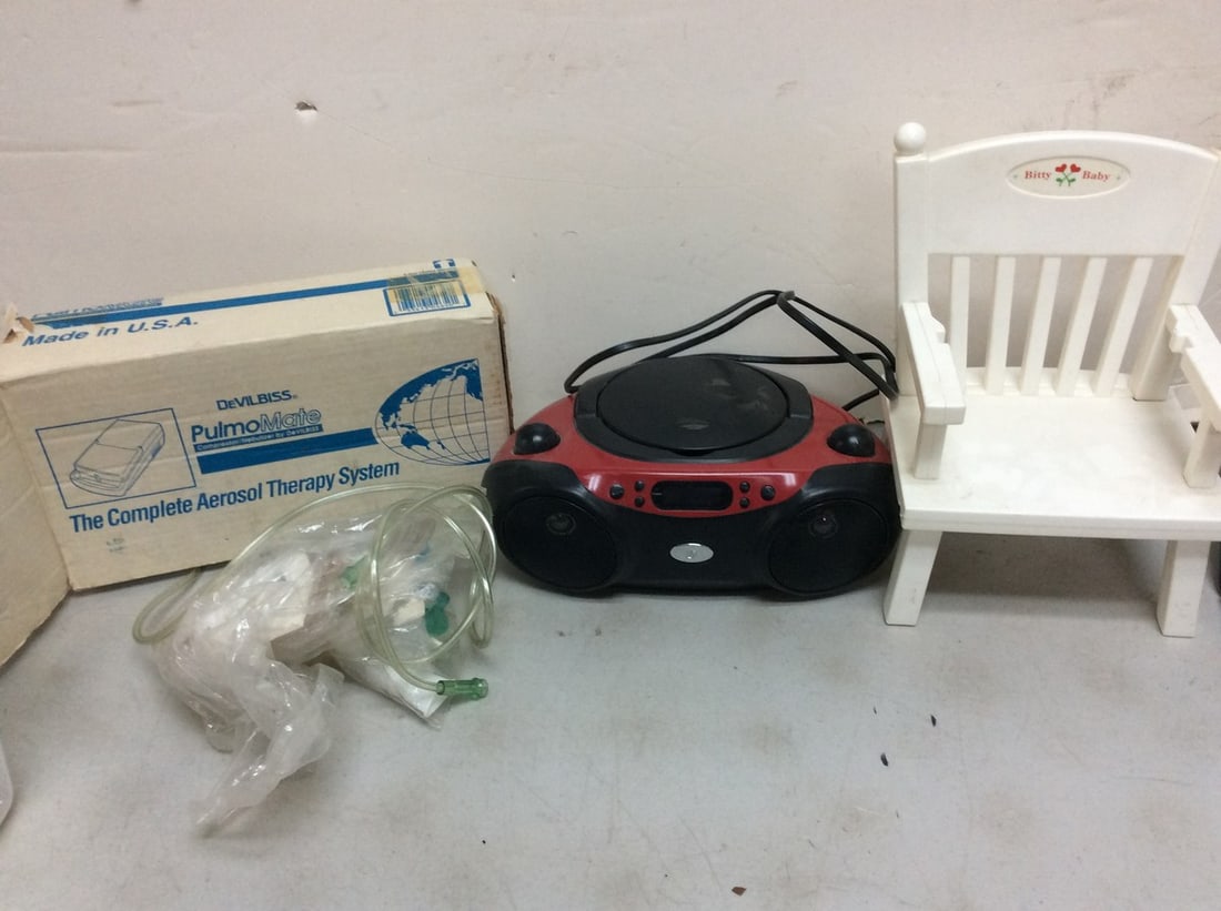 Bitty Baby doll chair(12in.tall), GPX CD/radio boombox, and DeVILBISS PulmoMate complete aerosol (1 of 1)