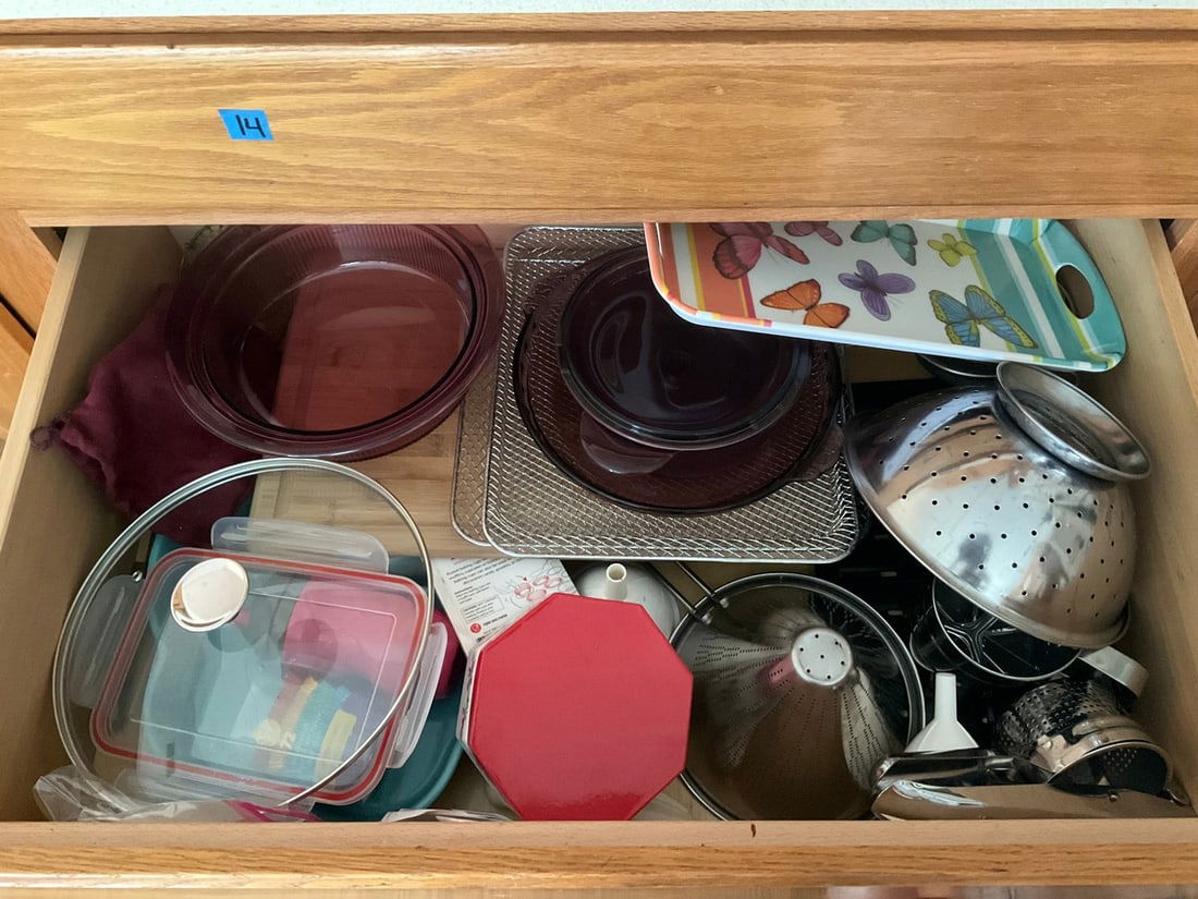 Glass mixing bowls, butterfly serving tray, strainers, woden cutting board(12in.x18in.), and more (1 of 1)