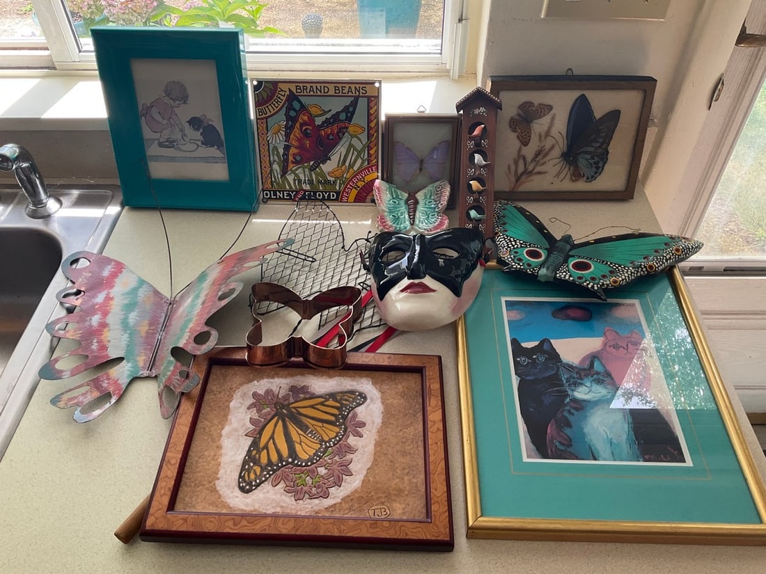 Wall hanging house decor(framed art-largest 11in.x13.75in., Fancy Faces ceramic mask, butterfly (1 of 1)