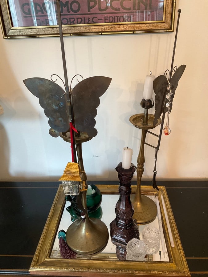 Brass candlesticks, green glass cat, and more(22in.tall): Brass candlesticks, green glass cat, and more(22in.tall)