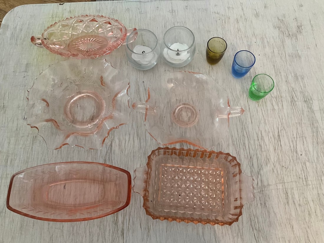 Pink depression glass set,shot glasses, and candles(tallest about 2.75in.) (1 of 1)