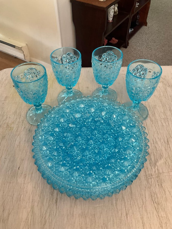 Blue depression glass set(4 plates-10.25in.across/4 cups-6.25in.tall) (1 of 1)