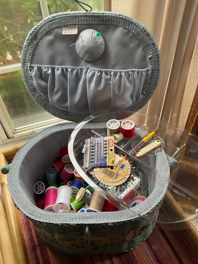 Azar wicker sewing basket (8.5in.x14.25in.x 9.75in.)  with needles, various threads, and more (1 of 1)