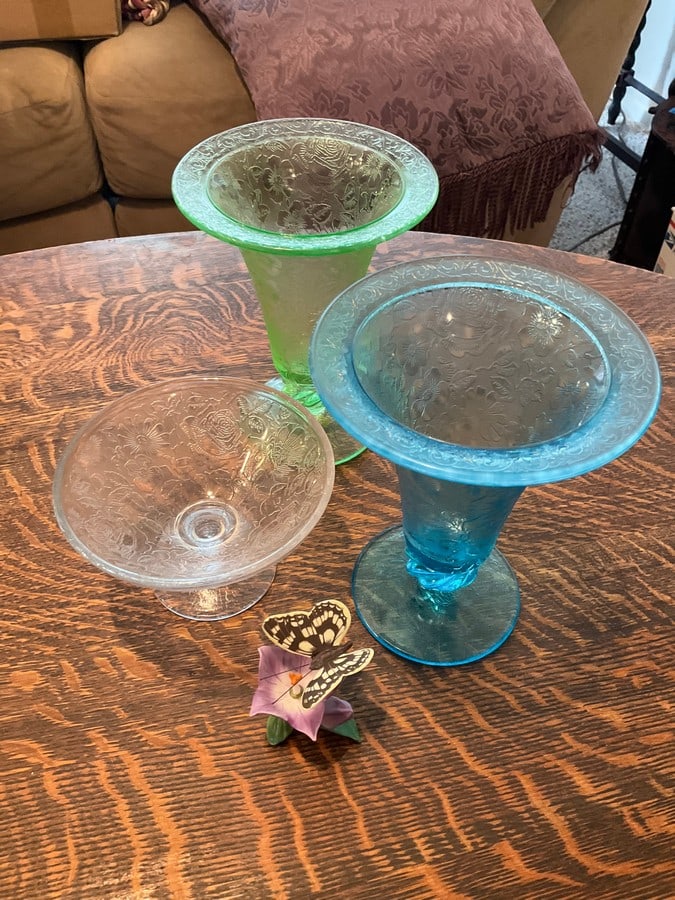 Vasoline glass cups and porcelain butterfly(tallest 6in.) (1 of 1)
