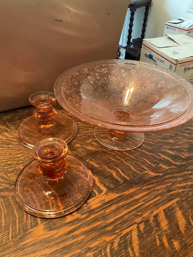 Vasoline glass bowl on stand(4.5in.tall,10in.across) and candleholders: Vasoline glass bowl on stand(4.5in.tall,10in.across) and candleholdersPattern: Flower Gardens and Butterflies