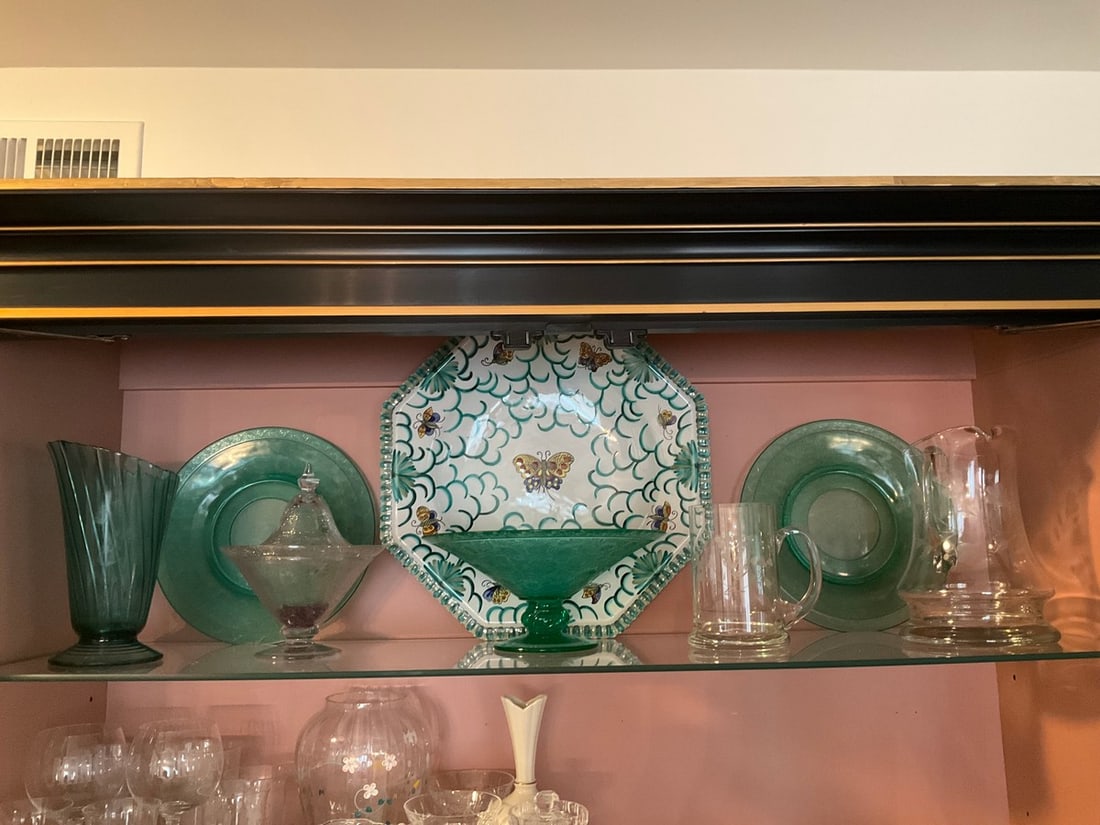 Vasoline glass plates/lidded bowl, glass beer mug, glass pitcher, butterfly ceramic plate, and (1 of 1)