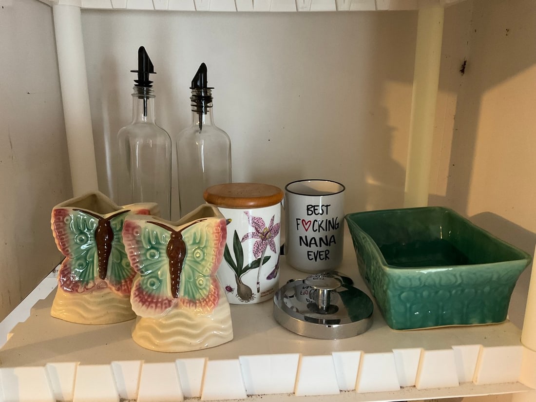 Ceramic butterflies, decorative bowl, mug, and more(tallest about 12in.): Ceramic butterflies, decorative bowl, mug, and more(tallest about 12in.)