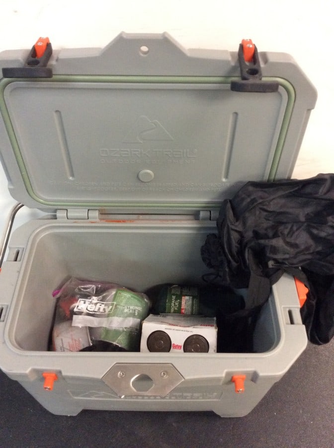 Ozark Trail outdoor equipment cooler(15.5in.x19.5in.x12.5in.-filled with propane fuel and more) (1 of 1)