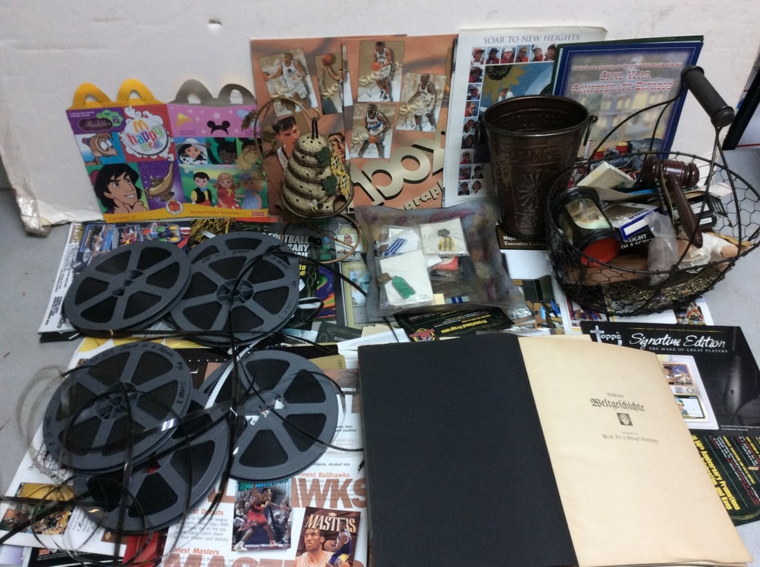 Magazines, Film Reels, Vintage Book(Beltgefchichte), Planter, Metal Basket(13.25in) and more: Magazines, Film Reels, Vintage Book(Beltgefchichte), Planter, Metal Basket(13.25in) and more