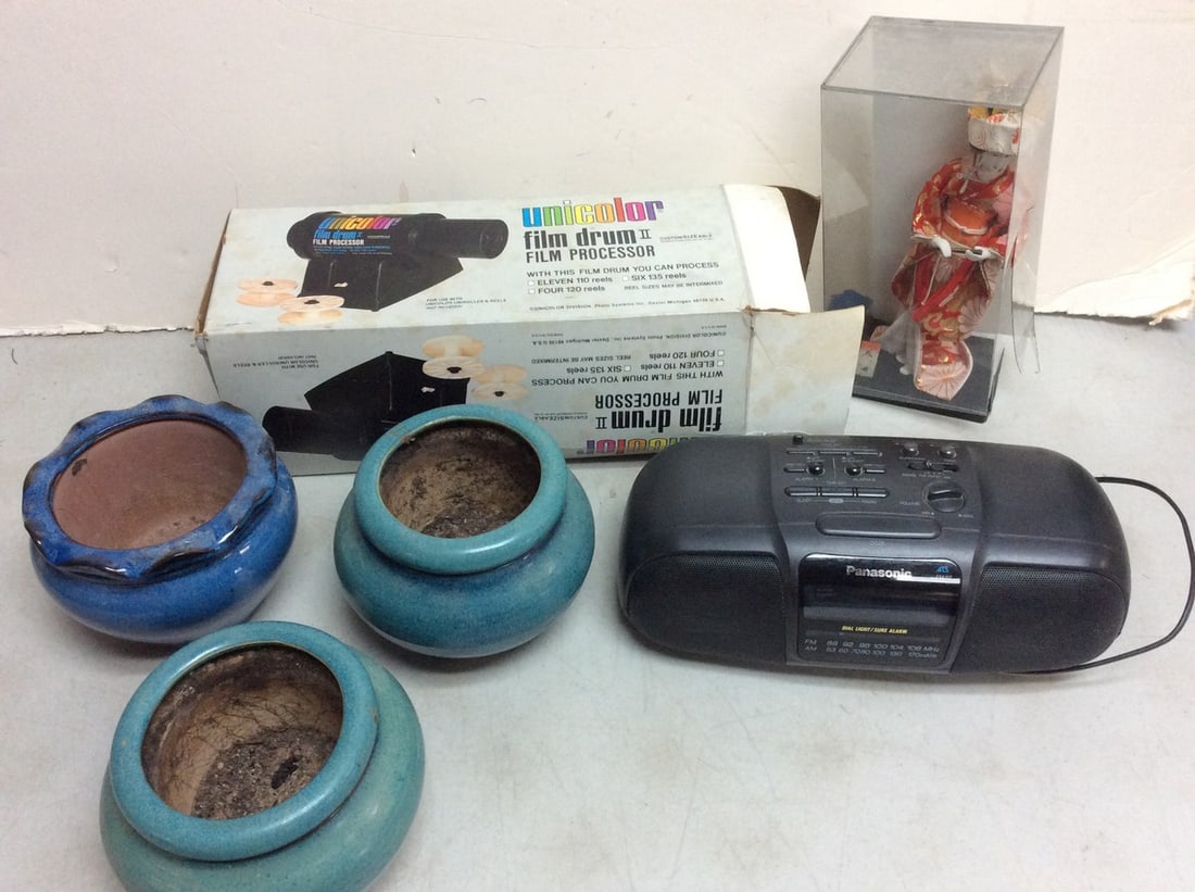 Unicolor film drum II film processor, oriental statue(9.5in.tall), planters, and Panasonic radio (1 of 1)