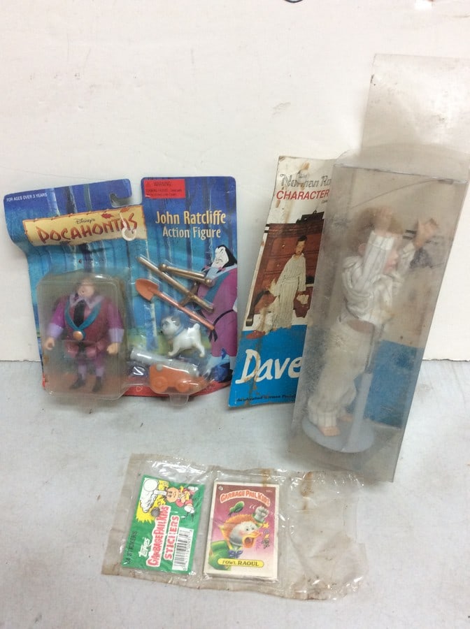 Garbage Pail Kids stickers, Norman Roxkwell character doll, and Pocahantas sction figure: Garbage Pail Kids stickers, Norman Roxkwell character doll, and Pocahantas sction figure
