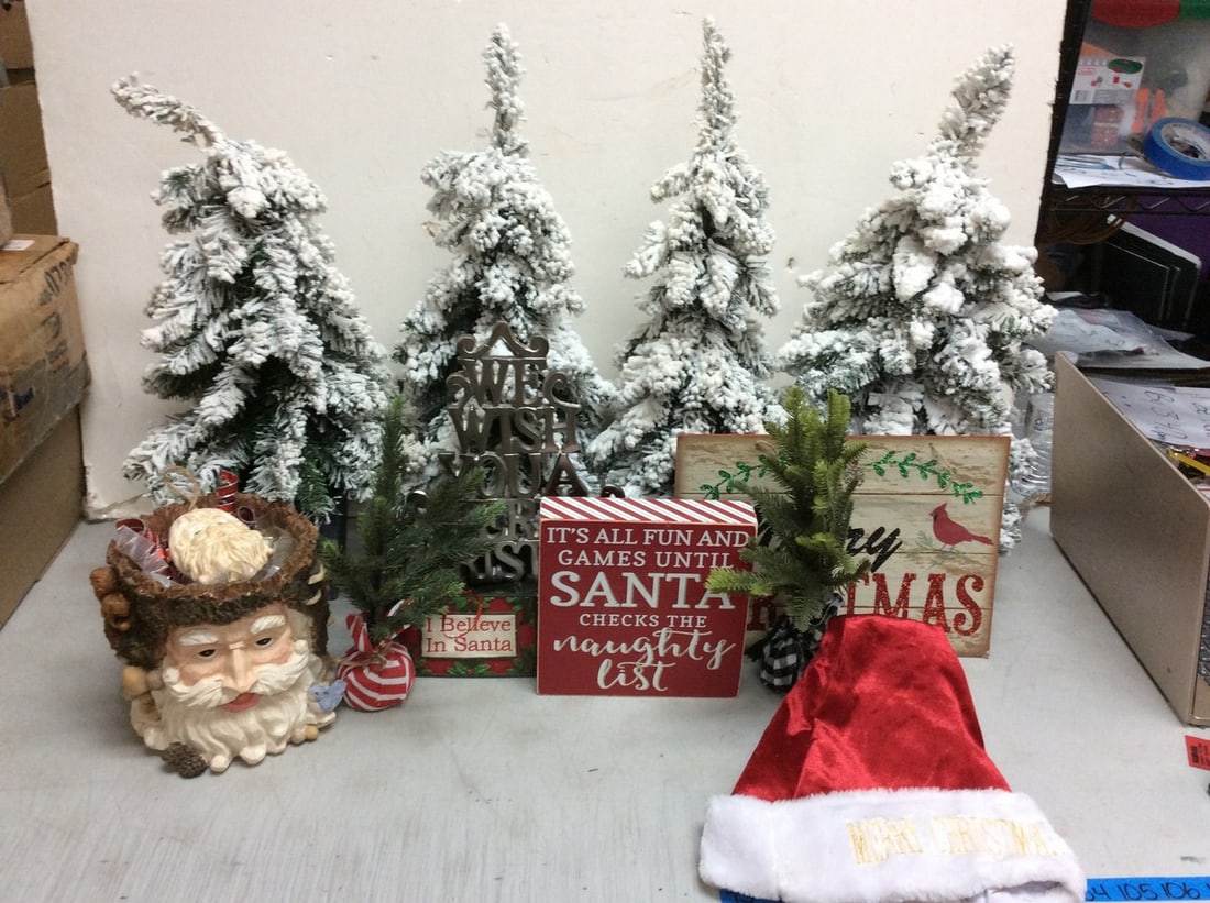 Fake Christmas Tree Decor, Signs, Wooden Santa Bowl w/ Ribbons and more (Tallest - 25in): Fake Christmas Tree Decor, Signs, Wooden Santa Bowl w/ Ribbons and more (Tallest - 25in)