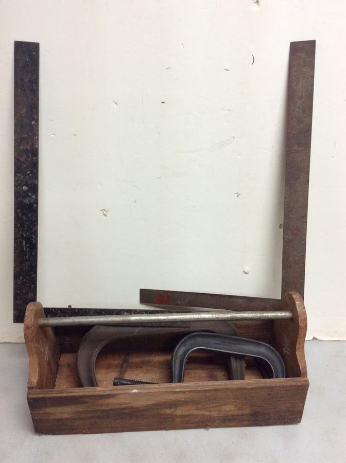 Vintage Williams clamps,wood tool box, and squares: Vintage Williams clamps,wood tool box, and squares