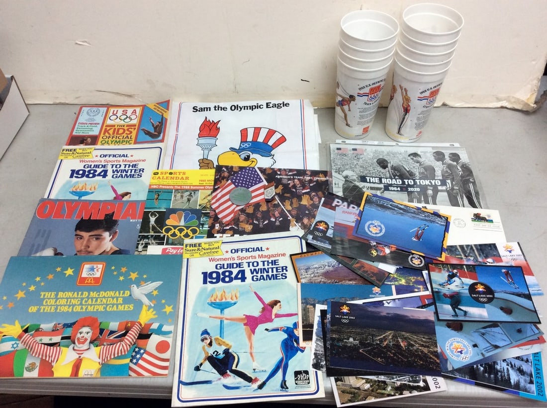 Vintage Olympic lot(1988 McDonald's cups-6.75in., postcards ephemera, and more): Vintage Olympic lot(1988 McDonald's cups-6.75in., postcards ephemera, and more)