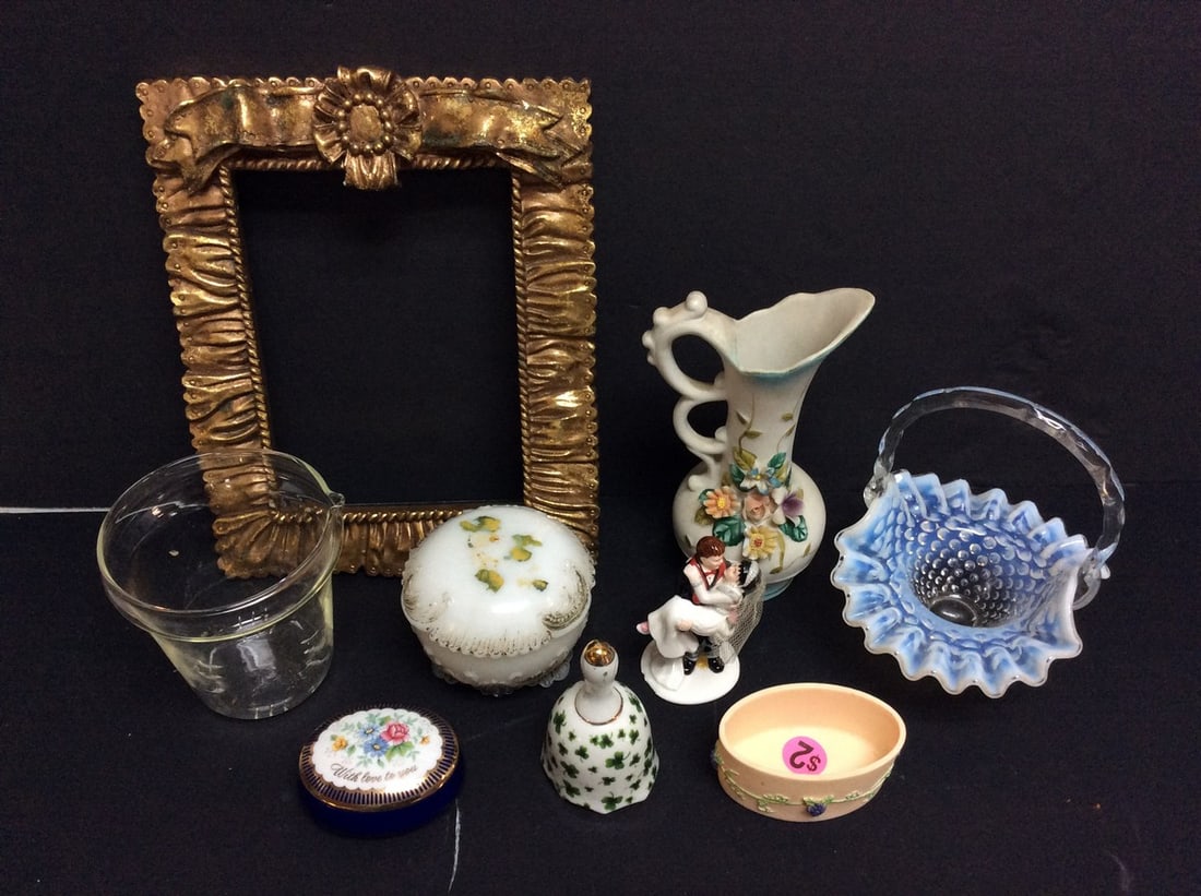 Vintage Opalescent glass basket, Golt Gilt Picture frame Decorative pitcher(6.5in.tall),ceramic bell: Vintage Opalescent glass basket, Golt Gilt Picture frame Decorative pitcher(6.5in.tall),ceramic bell, and more