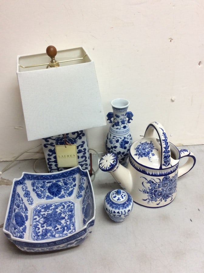 Blue transfer ceramics(watering can, vase, Ralph Lauren lamp-17.5in.tall, and more) (1 of 1)