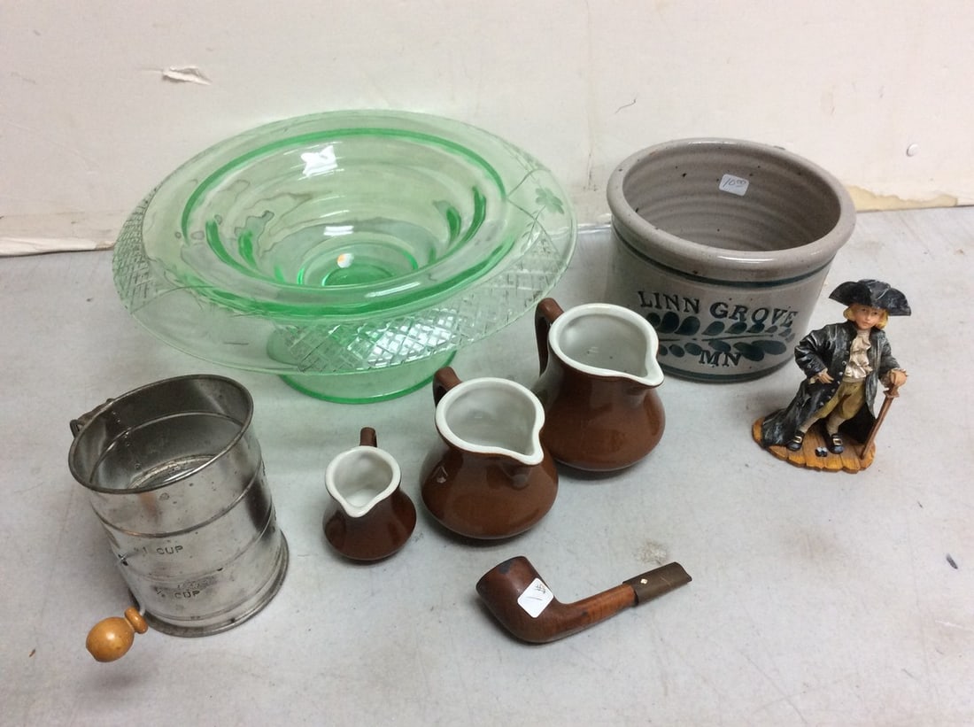 Depression Green Glass Compote Pitchers, flour sifter, decorative statue(5in.tall), and more (1 of 1)