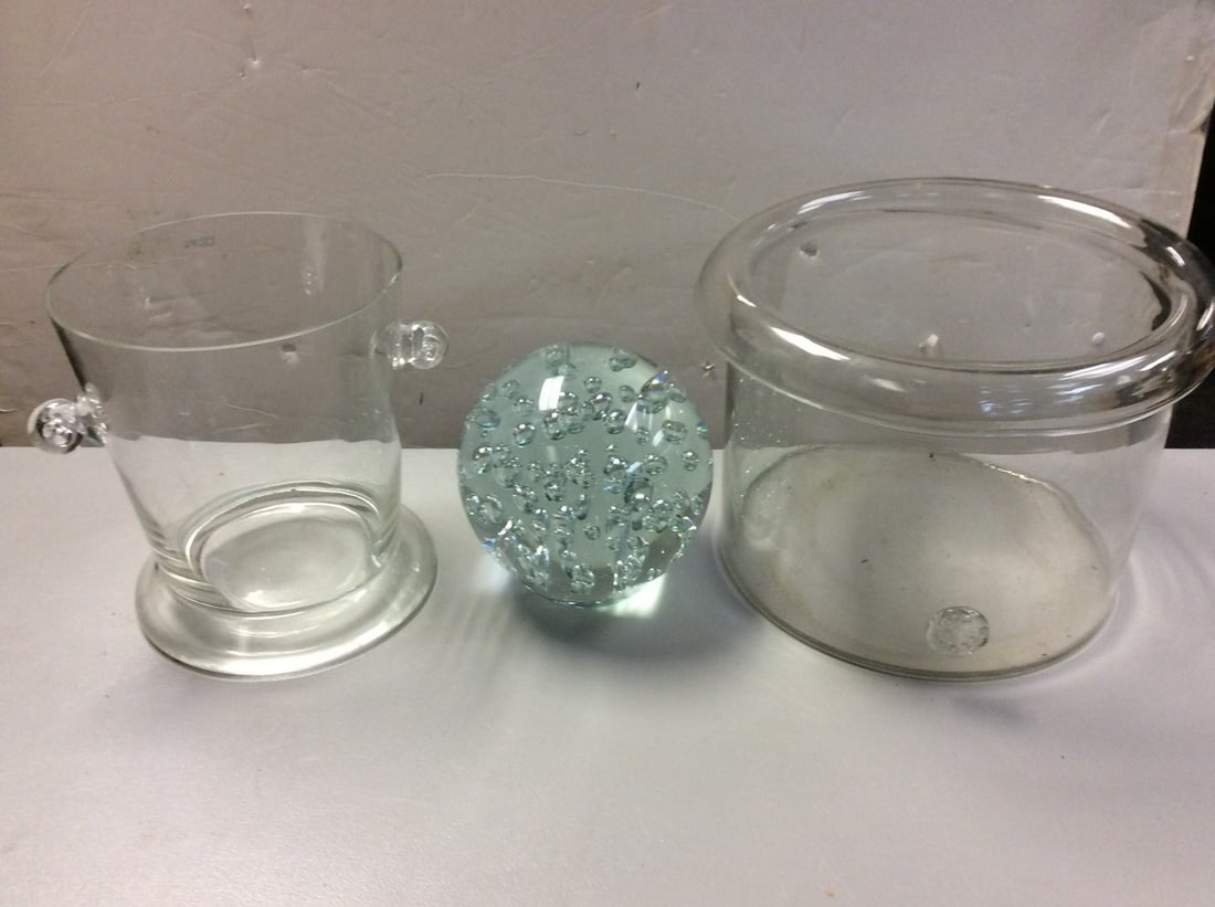 Vintage Glass handles ice bucket (9 in. tall, 13 in. across) & Controlled bubble glass paperweight (1 of 1)