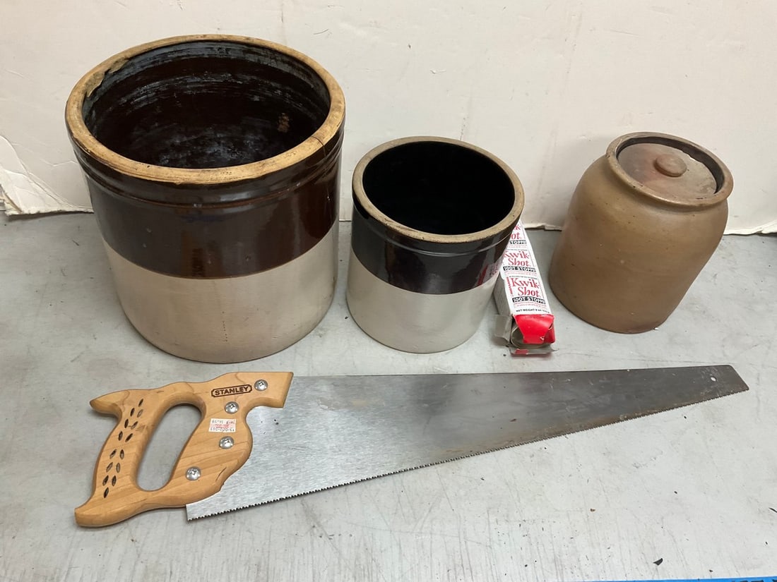 Stoneware Crocks (one with lid), Stanley Saw and more (tallest - 10.5in): Stoneware Crocks (one with lid), Stanley Saw and more (tallest - 10.5in)
