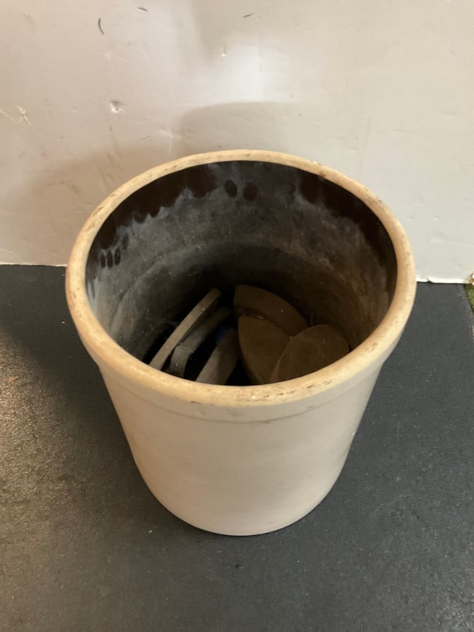 Stoneware Crock(14inx12.25in) filled with Cast Iron Objects (1 of 1)
