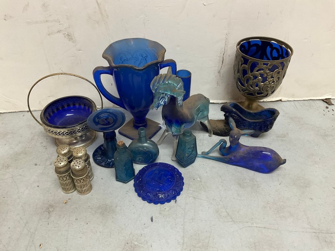 Vintage Silver Plated Blue Glass Chalices/Pepper and Salt Shakers, Blue Glass Statue and more: Vintage Silver Plated Blue Glass Chalices/Pepper and Salt Shakers, Blue Glass Statue and more (Tallest - 7.25in)