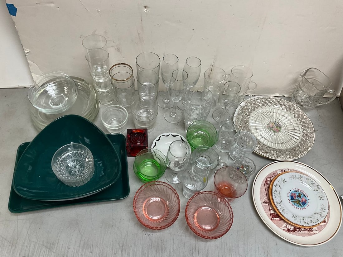 Glass Cups, Bowls, Depression Glass, Decorative Plates and more (Sheffield, Homer Laughlin, Jackson,: Glass Cups, Bowls, Depression Glass, Decorative Plates and more (Sheffield, Homer Laughlin, Jackson, etc) Tallest -8in