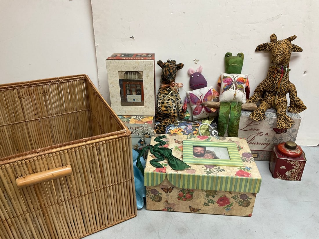Empty Decorative Boxes, Handmade Dolls, Wicker Basket w/ Lid (14inx21inx17in) and more: Empty Decorative Boxes, Handmade Dolls, Wicker Basket w/ Lid (14inx21inx17in) and more