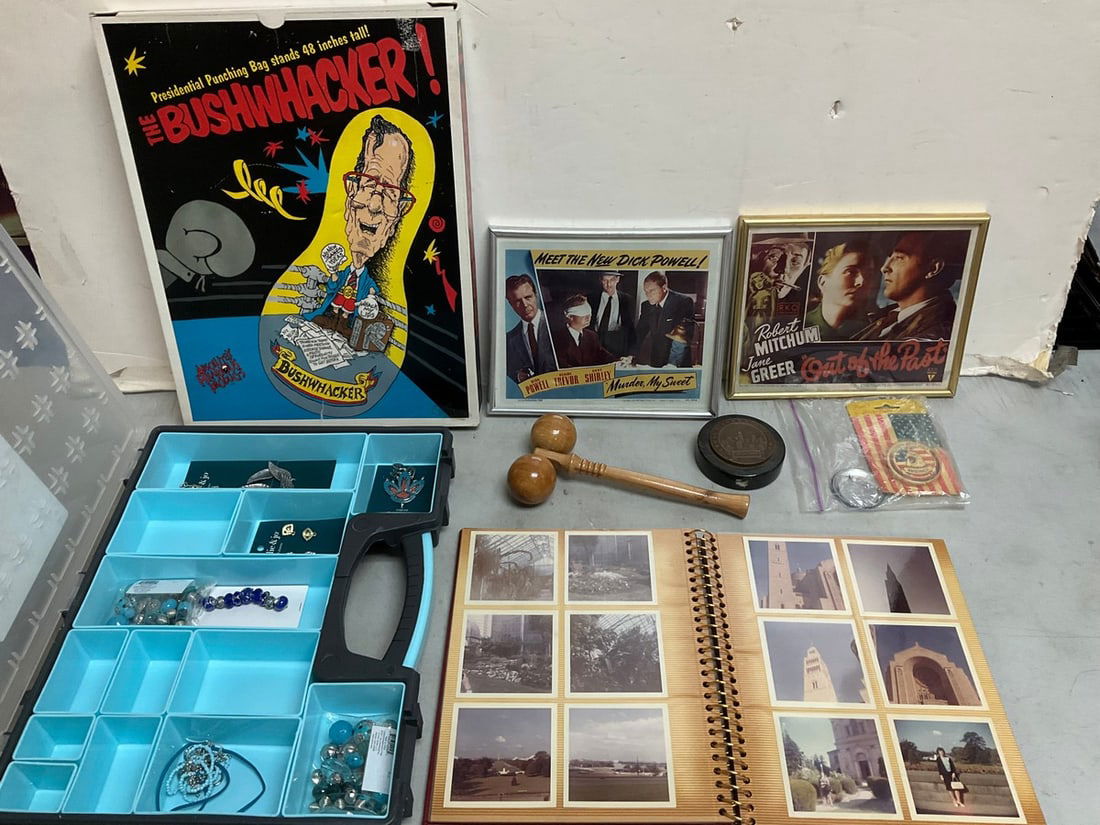 The Bushwhacker presidential punching bag, ArtBin organizer full of charms, framed movie art prints (1 of 1)