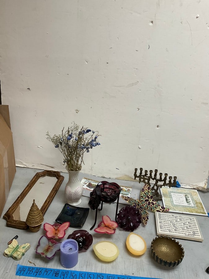 Belleek vase, brass ashtray, vintage butterfly jewelry, candles and more: Belleek vase, brass ashtray, vintage butterfly jewelry, candles and more