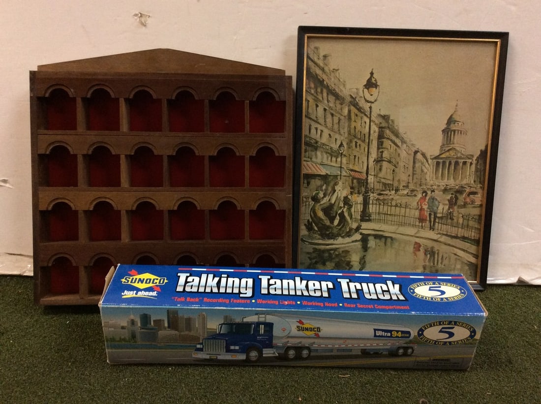 Framed Artwork(14inx11in), Talking Tanker Truck, and Wooden Organizer (1 of 1)