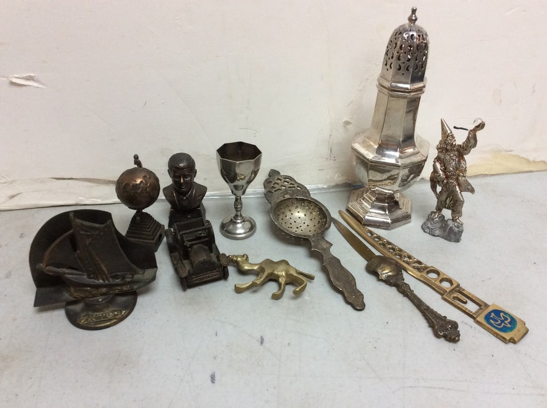 Antique Tea Strainer, Muffineer Sugar Shaker, Pewter Figures & more (Tallest - 8.5in): Antique Tea Strainer, Muffineer Sugar Shaker, Pewter Figures & more (Tallest - 8.5in)