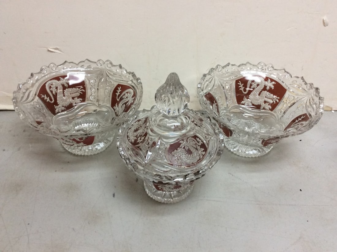 Chinoiserie Glass Candy Dishes (one with lid) Tallest - 9.5in: Chinoiserie Glass Candy Dishes (one with lid) Tallest - 9.5in