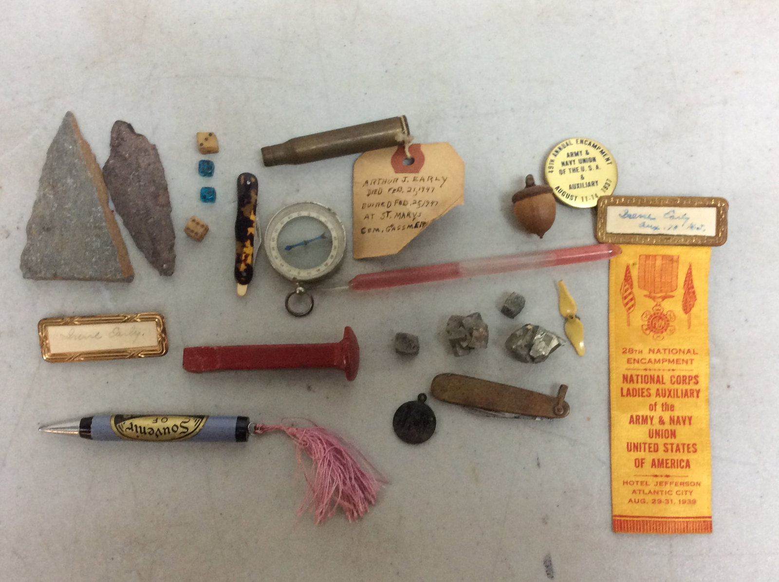Vintage Arthur J. Early bullet(died Feb. 21, 1947), miniature dice, and more: Vintage Arthur J. Early bullet(died Feb. 21, 1947), miniature dice, and more