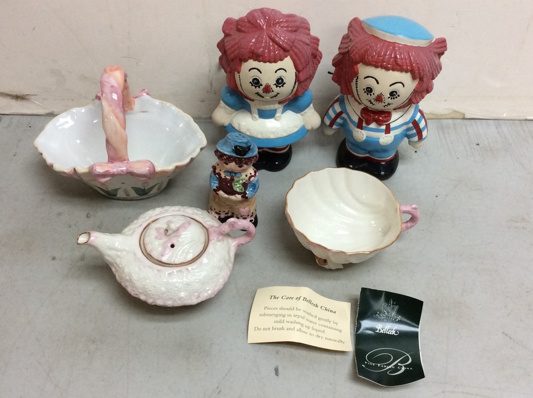 Belleek porcelain cup/teapot, Raggedy Ann statues, and more (7in.tallest) (1 of 1)