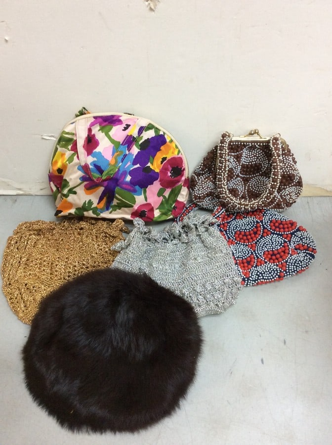 Mink hat and beaded purses: Mink hat and beaded purses