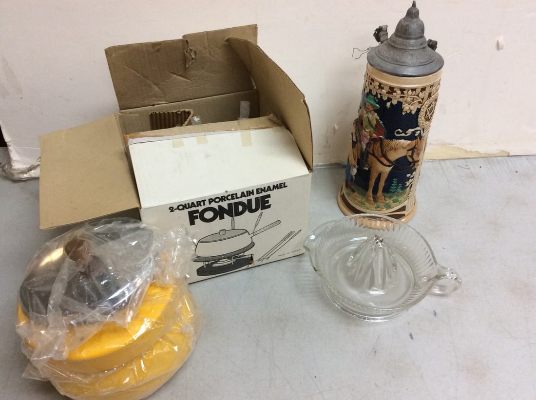 Decorative stein(12.5in.tall-top piece damaged), 2 quart porcelain enamel fondue machine, and more: Decorative stein(12.5in.tall-top piece damaged), 2 quart porcelain enamel fondue machine, and more