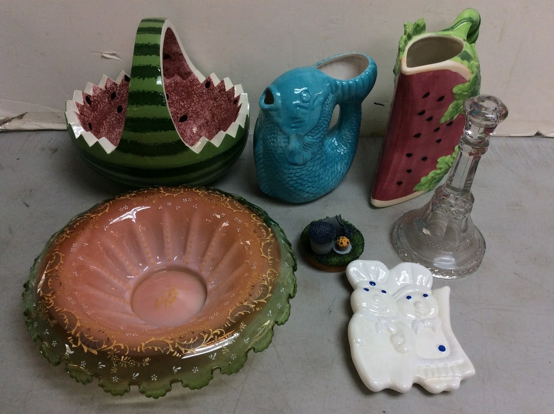 Style eyes Pitcher, Watermelon Ware Basket/Pitcher, Pillsbury Ceramic, Glass Candle Holder, and more (1 of 1)