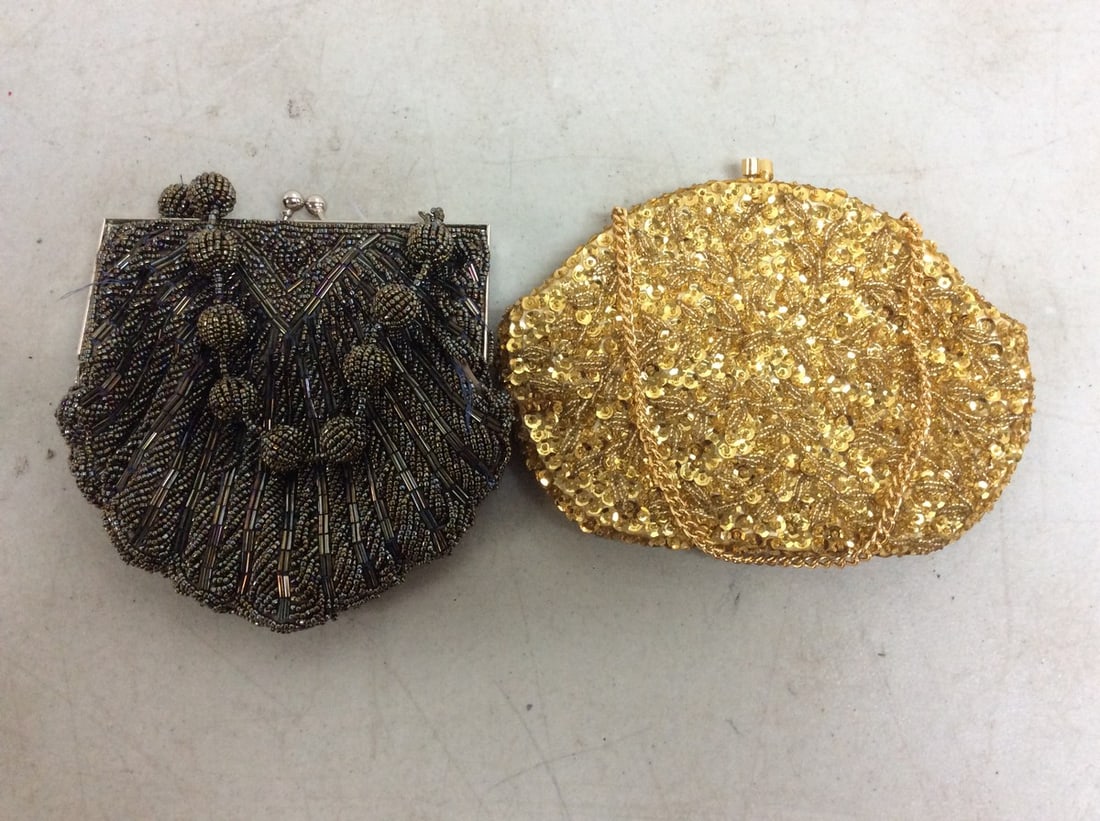 Lot of 2 Vintage Purses - Black & Silver Beads, Gold Sequin (Richere by Walbarg Hong Kong) Silk (1 of 1)