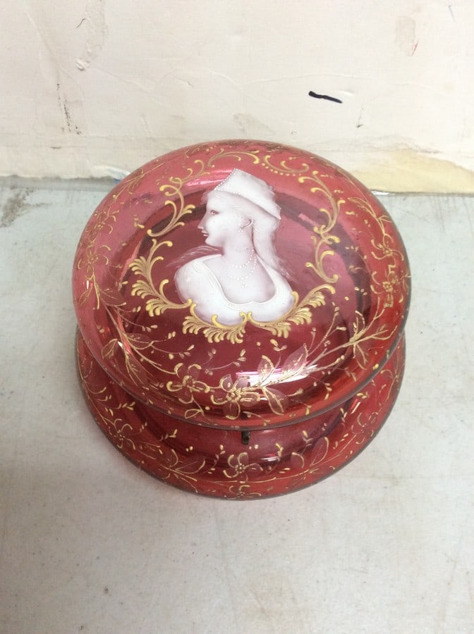 Antique Ruby Glass Box Jar (Bronze Rim, HP Gold Embelished, Mary Gregory Portrait) 6.5inx4in (1 of 1)