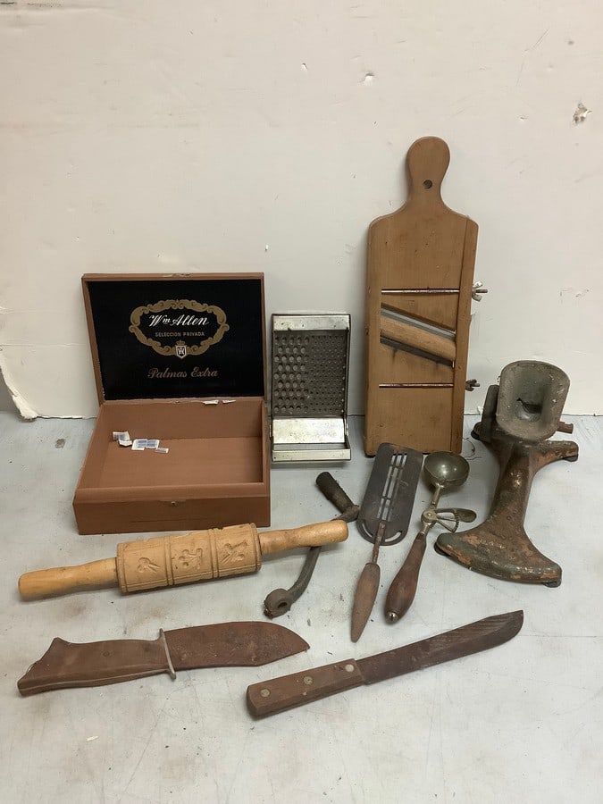 Vintage utensils, Wm Allen cigar box, and more(9.25in.x7.25in.x3in.),: Vintage utensils, Wm Allen cigar box, and more(9.25in.x7.25in.x3in.),