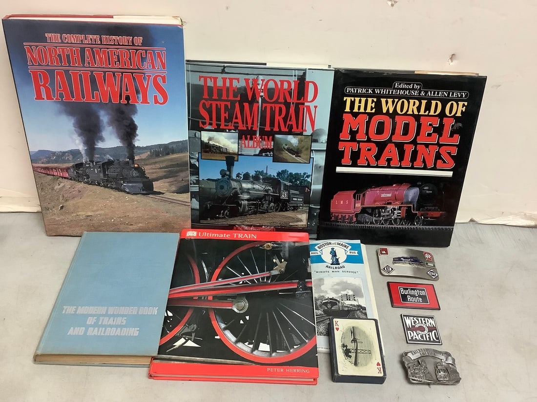 Vintage railroad books, southern pacific playing cards, belt buckles, and more (1 of 1)