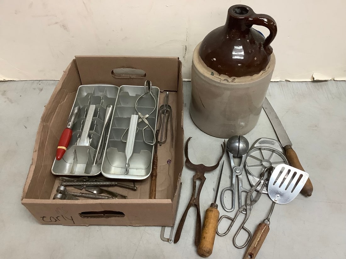 Vintage utensils, stoneware jug(11.75in.tall), and more: Vintage utensils, stoneware jug(11.75in.tall), and more