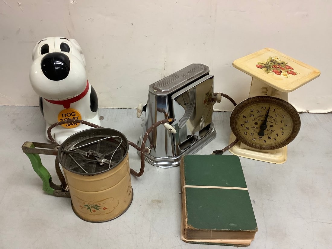 Vintage Sunchief kitchen appliance, vintage Columbia family scale, dog treat jar(10in.tall), and: Vintage Sunchief kitchen appliance, vintage Columbia family scale, dog treat jar(10in.tall), and more