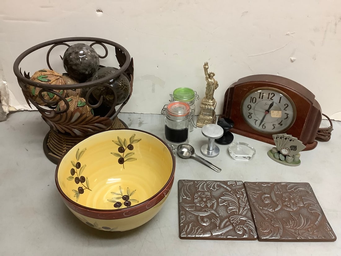 222 Fifth Ceramic Bowl, Denmark Paperweight, Candle Holder, DecorativeWicker/Metal Basket with Balls: 222 Fifth Ceramic Bowl, Denmark Paperweight, Candle Holder, DecorativeWicker/Metal Basket with Balls (9.5in Tall)