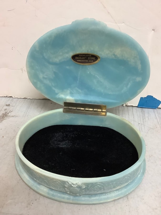 Vintage Incolay stone hand carved box blue and white embossed angel wreath flowers, (1 of 1)